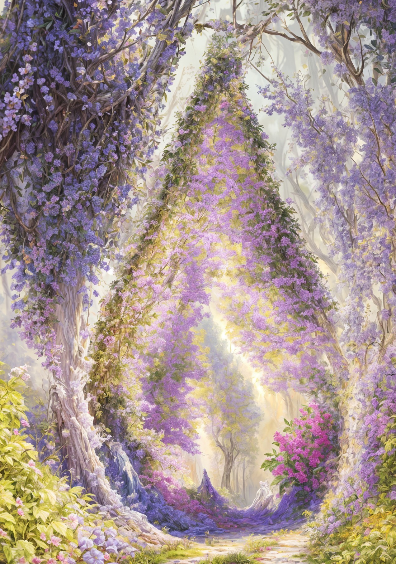 Magical Flower-Framed Pathway in Lush Forest