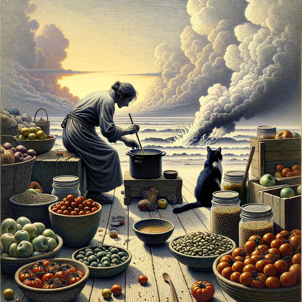 Coastal Scene with Woman Cooking and Fresh Produce