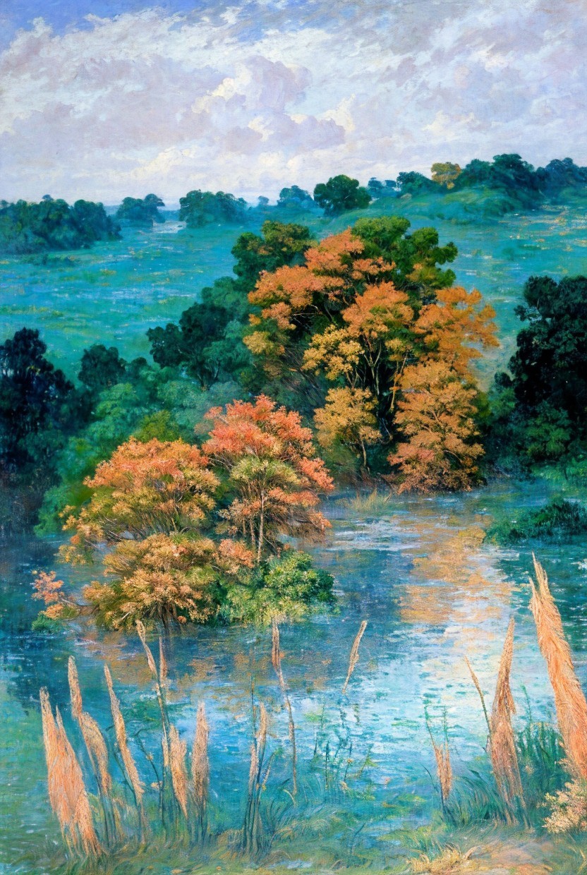 Autumn Landscape with Trees and Reflections in Water