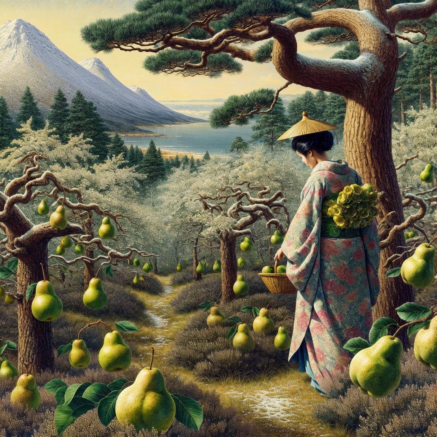 Woman in Kimono Walking Through Pear Orchard Landscape