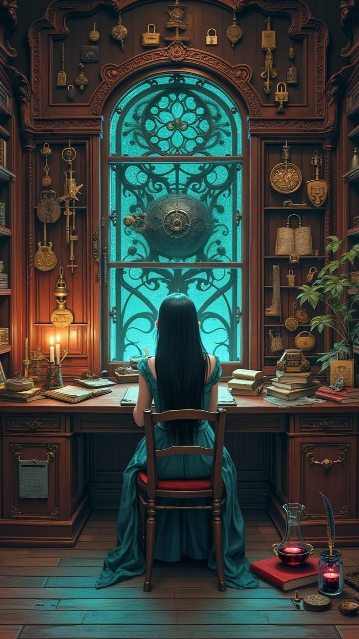 Woman in Green Gown in Ornate Library Setting