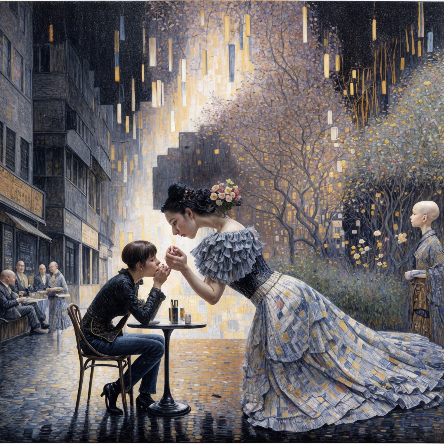 Whimsical Scene of Woman and Boy in Urban Setting