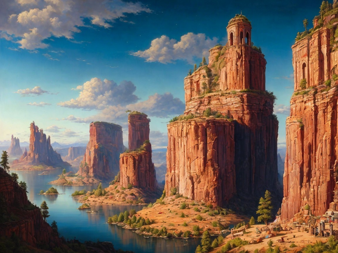 Majestic Red Rock Formations Above a Serene Lake