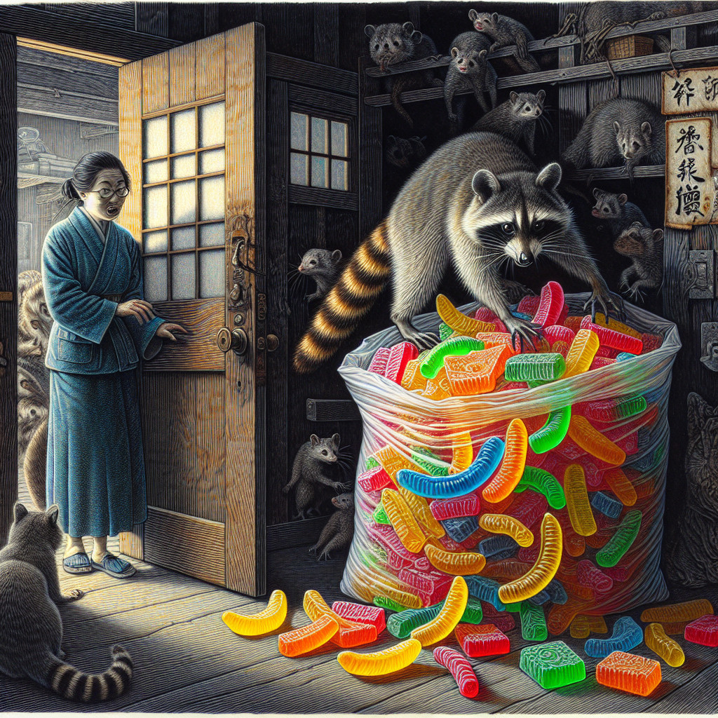 Woman in Kimono Surprised by Raccoons and Candy