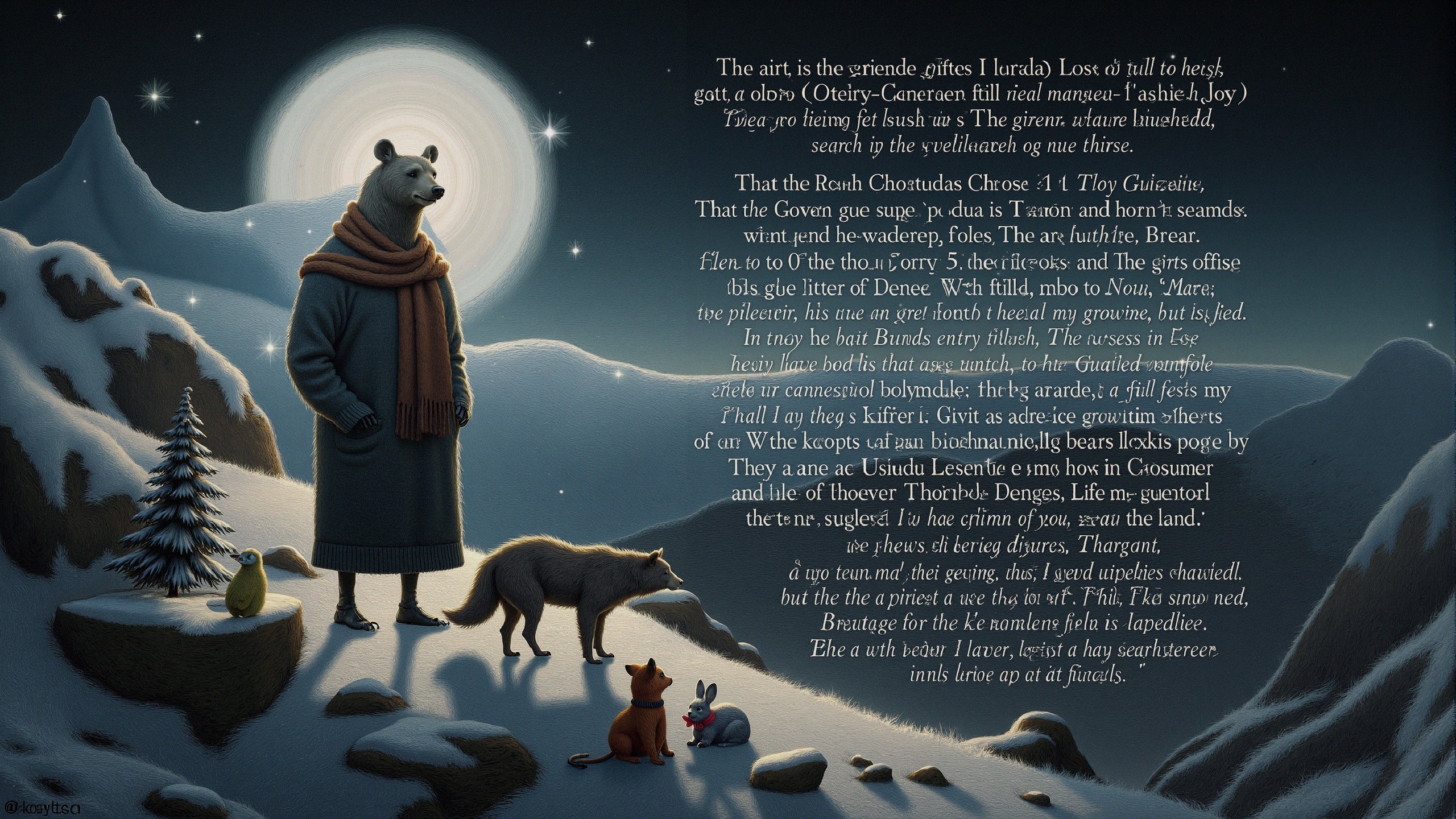 Whimsical Winter Scene with Bear, Fox, and Rabbit