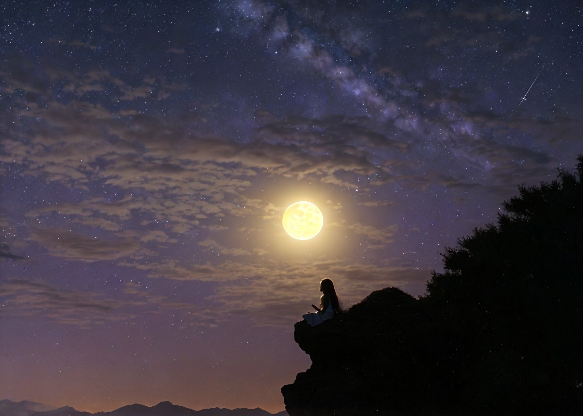 Serene Night Scene with Full Moon and Stars