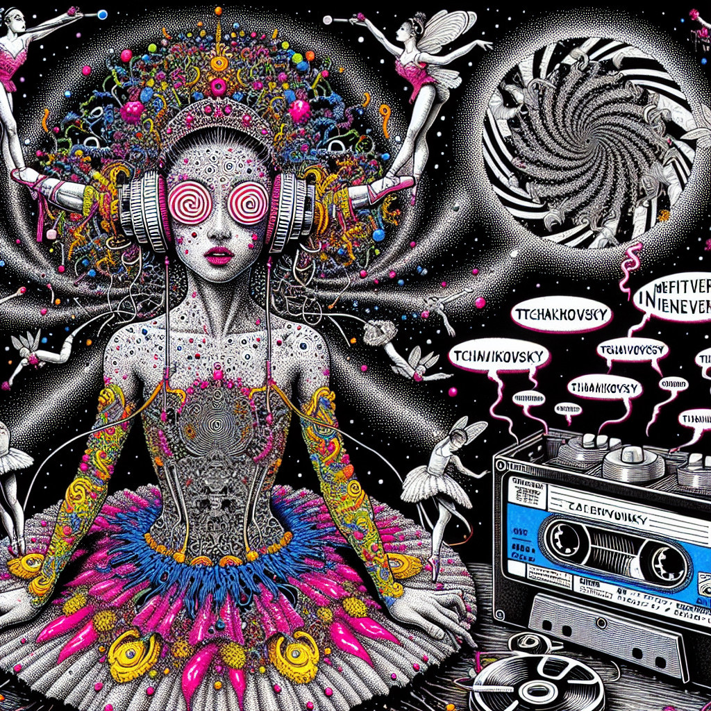 Surreal Colorful Figure with Headphones and Fairies