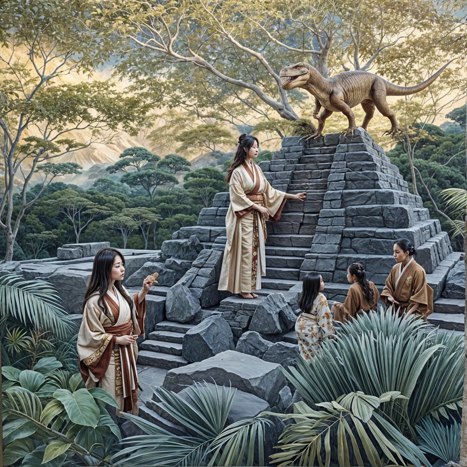 Women in Traditional Robes Encounter Dinosaur at Pyramid