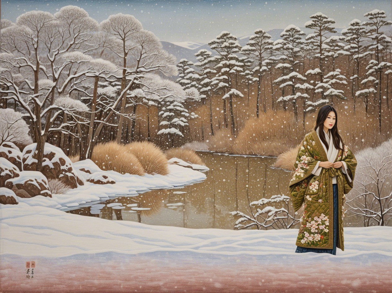 Young woman in a snowy landscape with a frozen lake