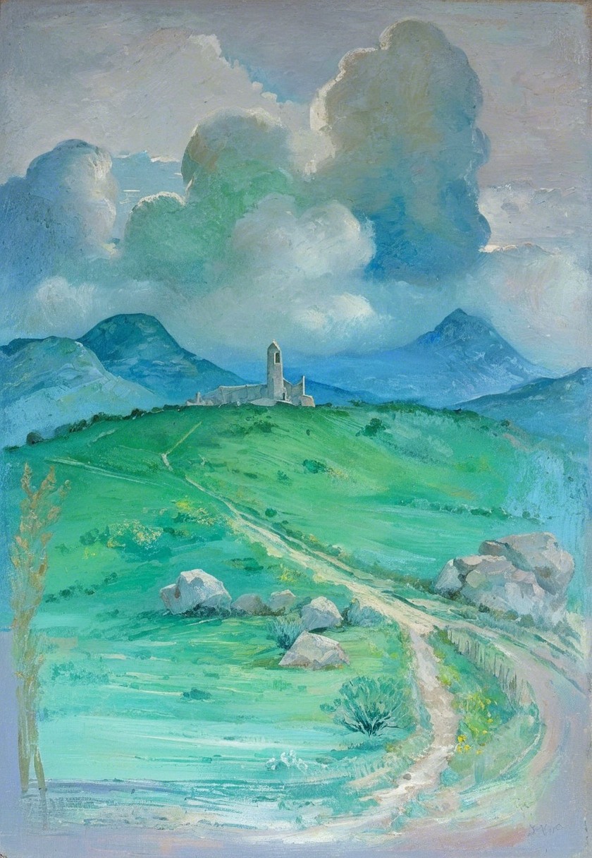 Serene landscape with hills, path, and stone tower