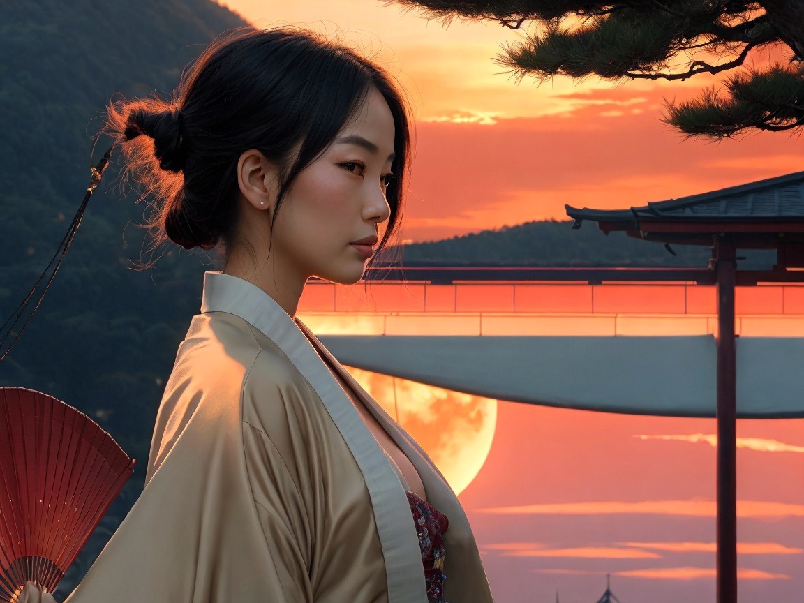Woman in Kimono at Sunset with Parasol