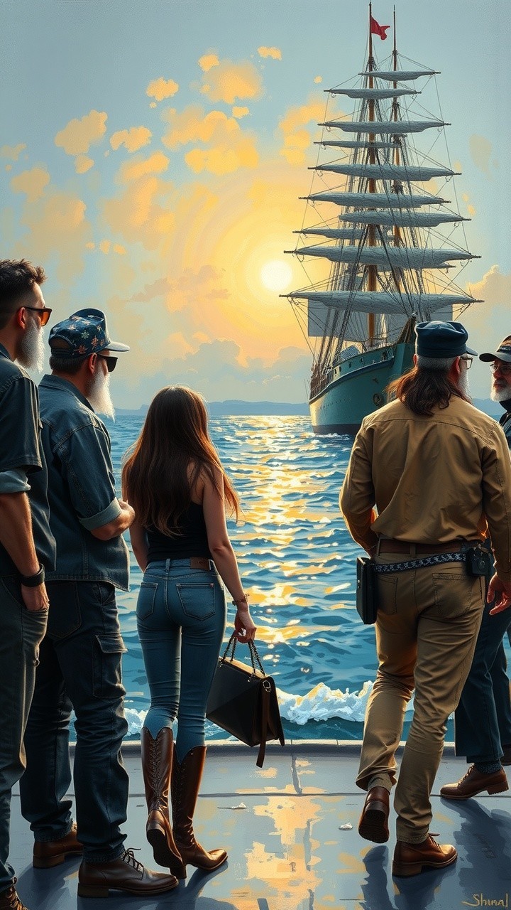 Group on Ship Deck Watching Tall Ship at Sunset