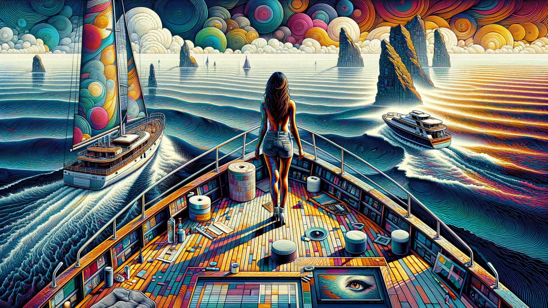 Surreal Seascape with Woman on Colorful Boat