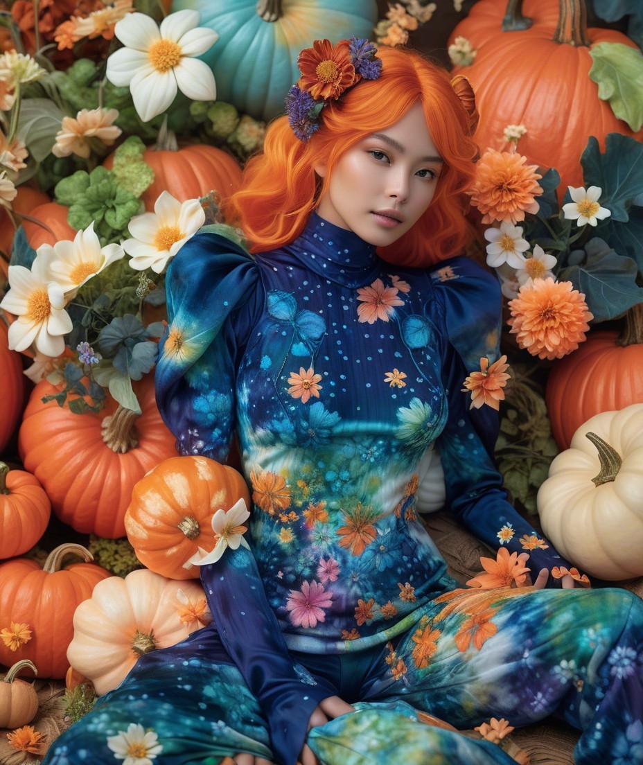 Woman with Orange Hair Surrounded by Autumn Decor