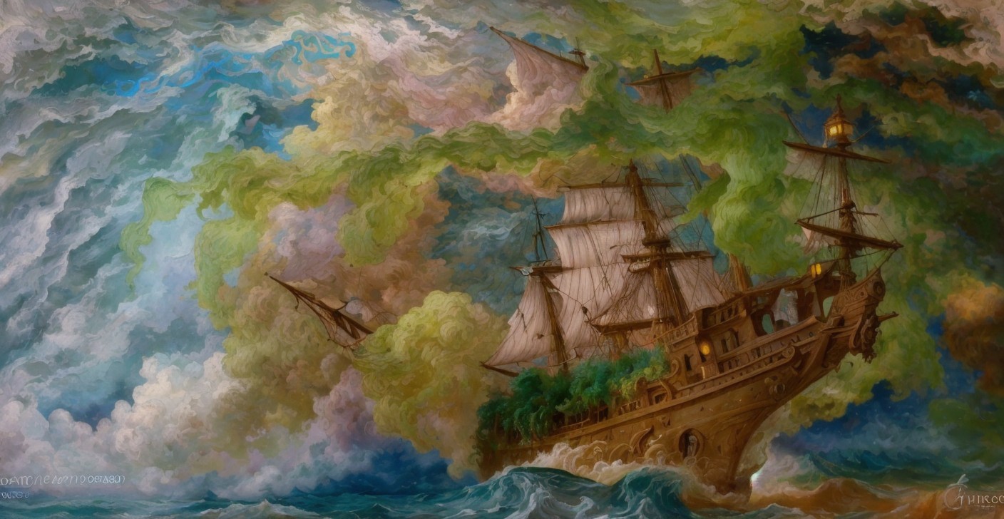 Majestic ship navigating turbulent waters and vibrant skies
