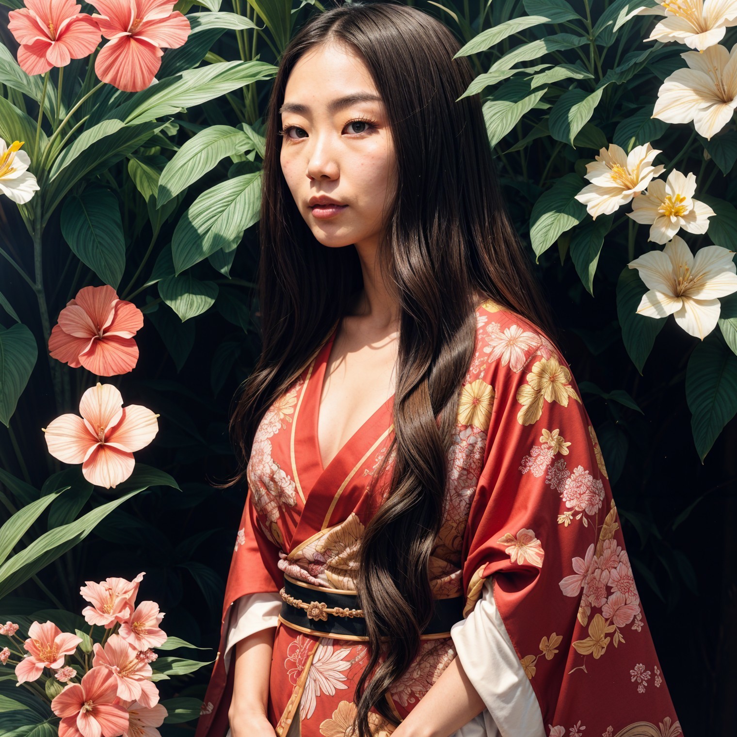Young Woman in Red Kimono Surrounded by Tropical Flowers