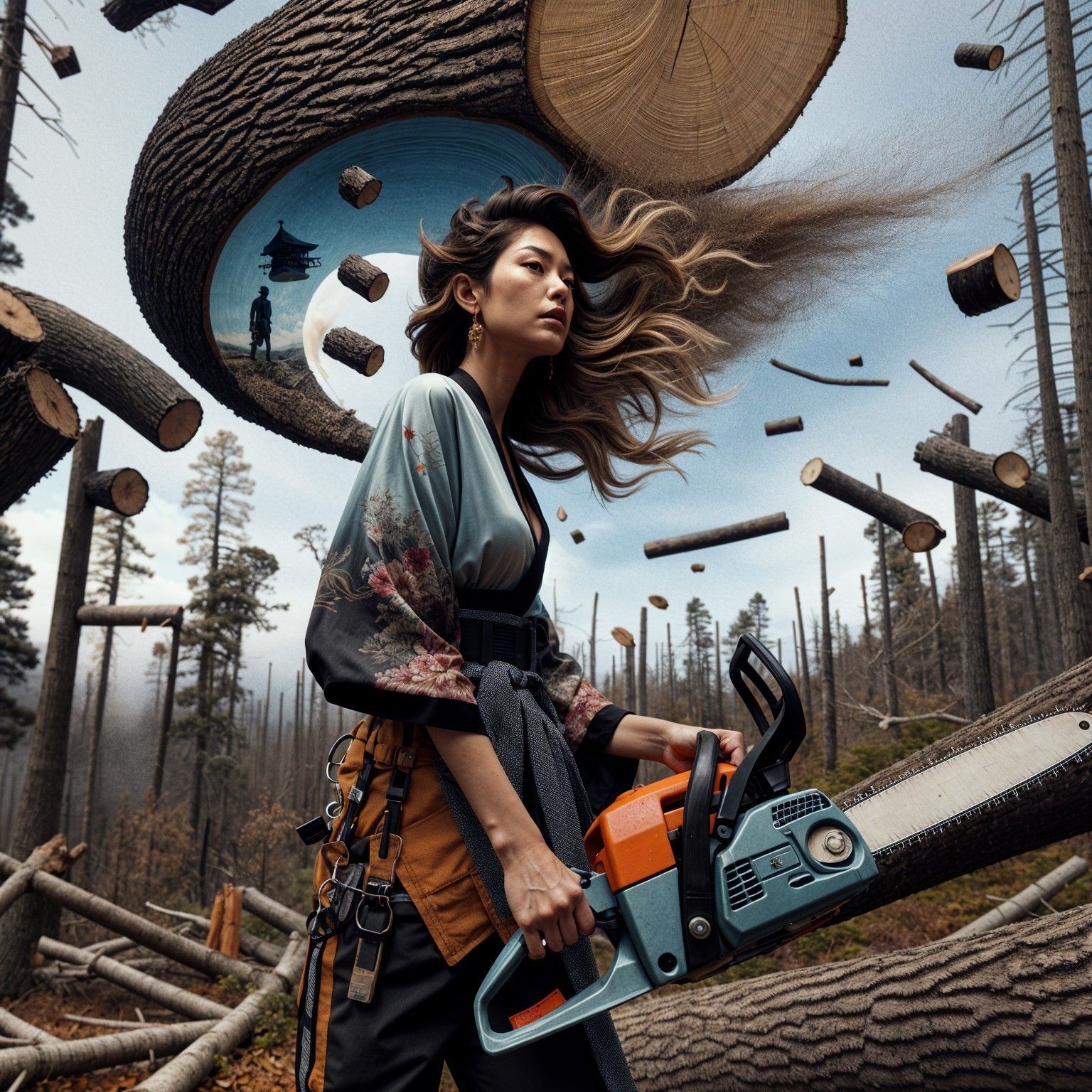 Woman in Kimono with Chainsaw in Deforested Landscape
