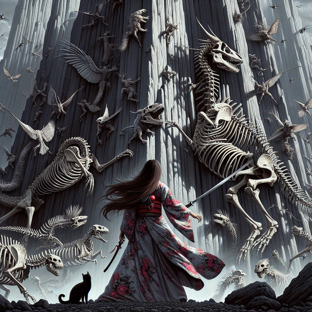 Lone Figure in Kimono Amidst Dramatic Dinosaur Scene