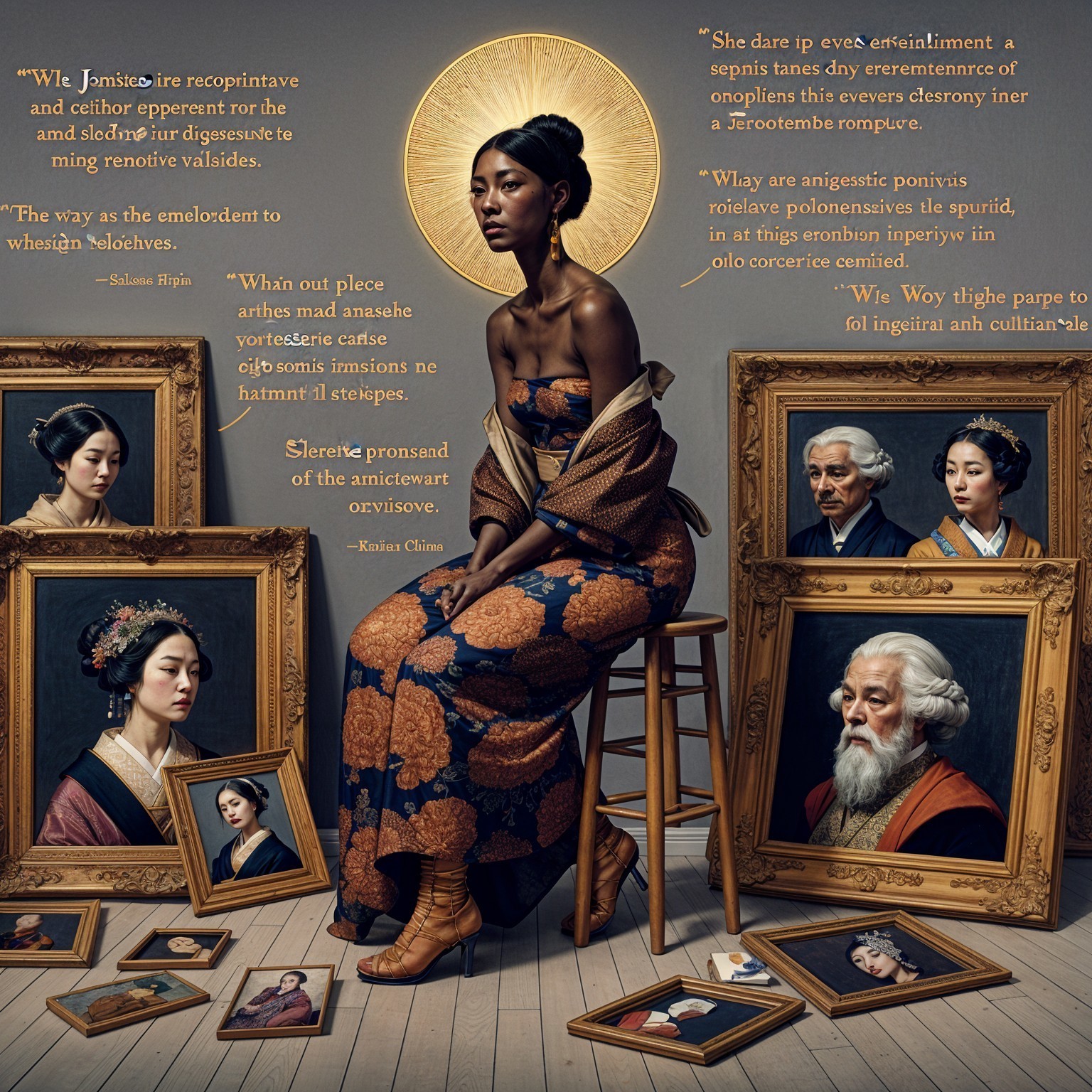 Woman in Floral Dress Surrounded by Historical Portraits
