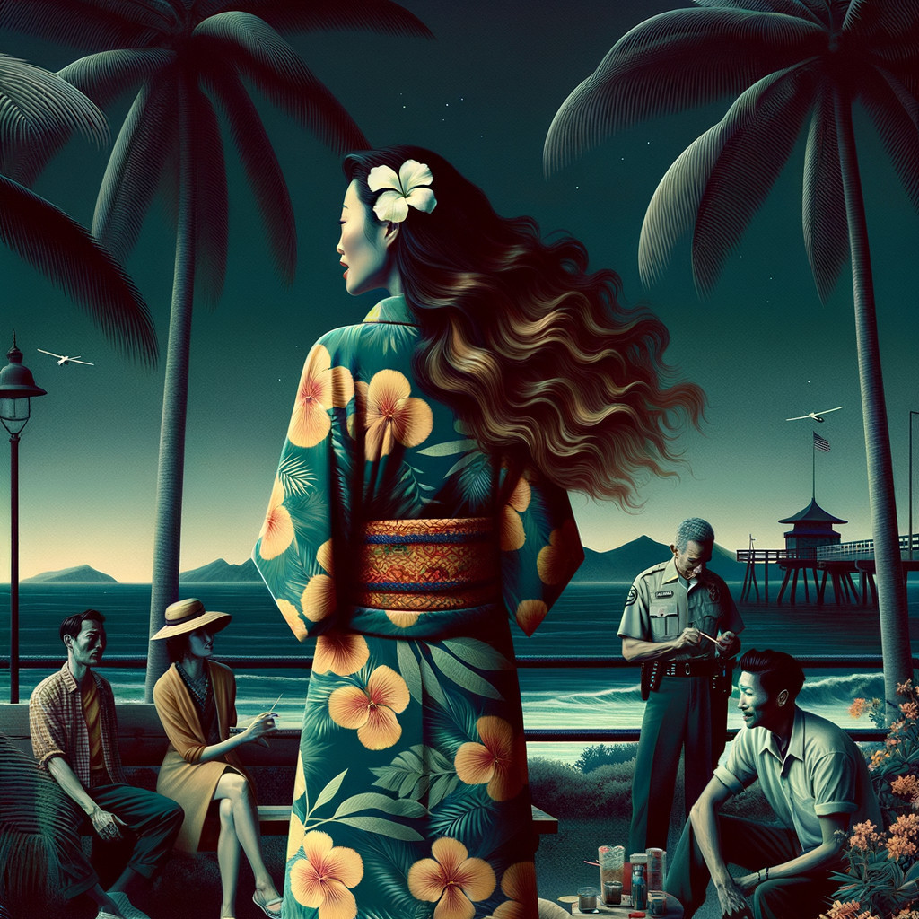 Nighttime Beach Scene with Figures and Palm Trees