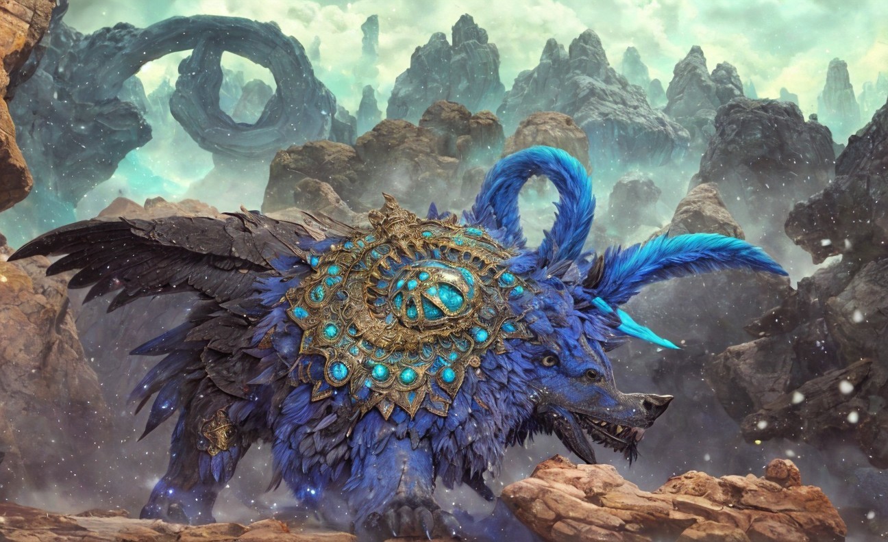 Majestic creature with blue fur and golden armor