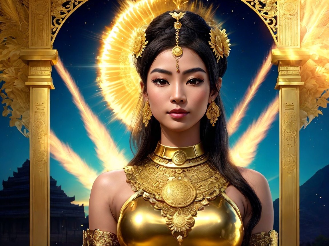 Regal Figure in Golden Attire with Majestic Backdrop