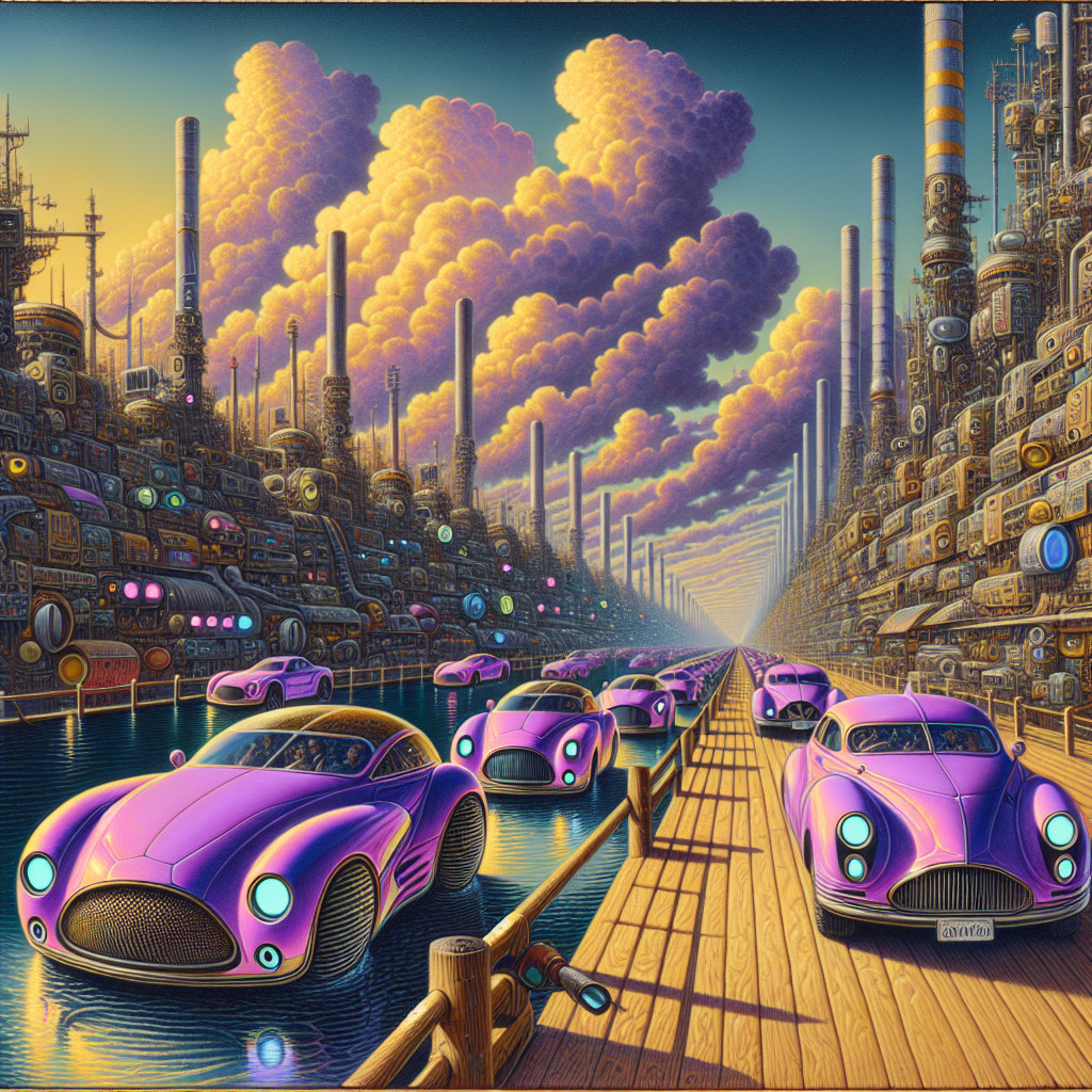 Surreal Futuristic Canal with Pink Cars and Clouds