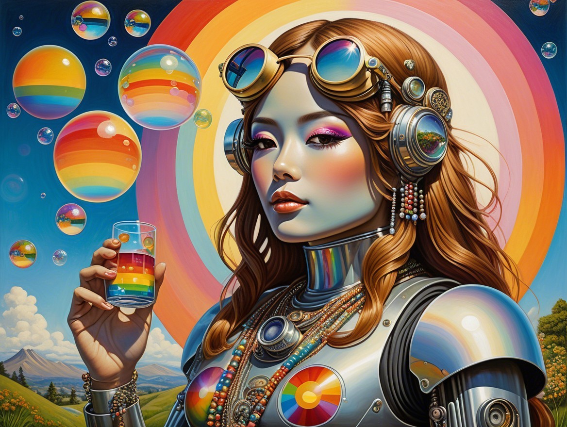Futuristic woman with vibrant makeup and psychedelic background