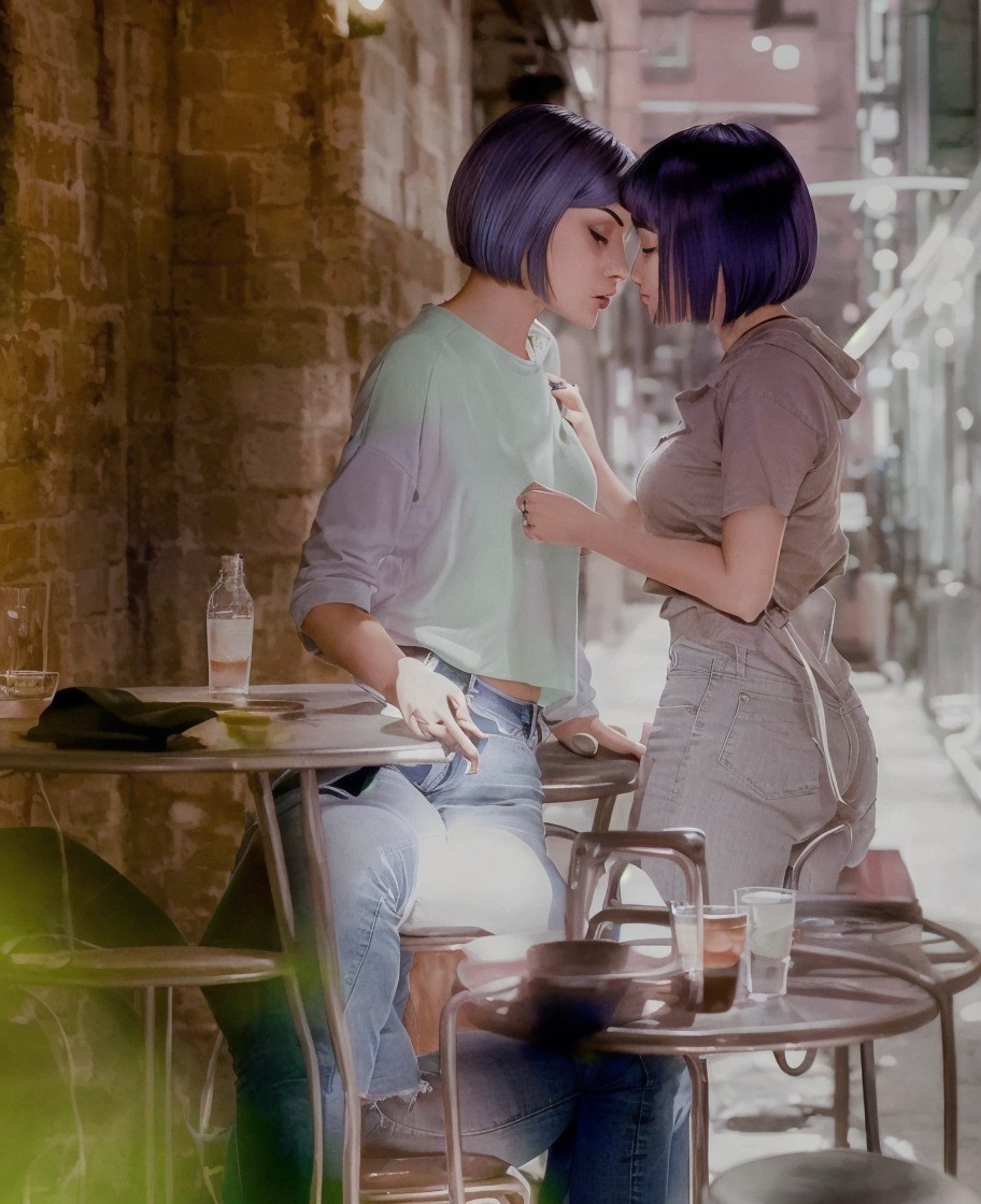 Two Women with Purple Bobs in Cozy Café Setting