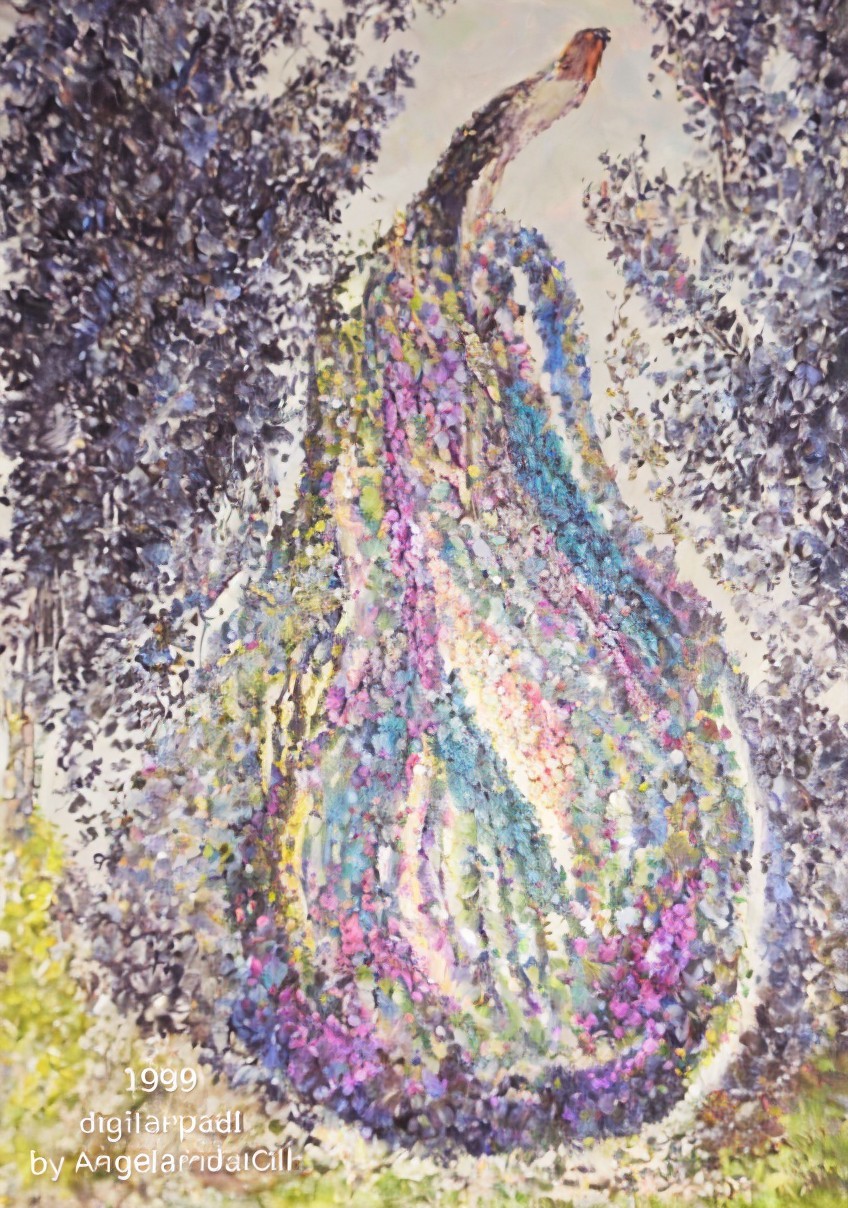 Large Stylized Pear in Purple and Blue with Abstract Background