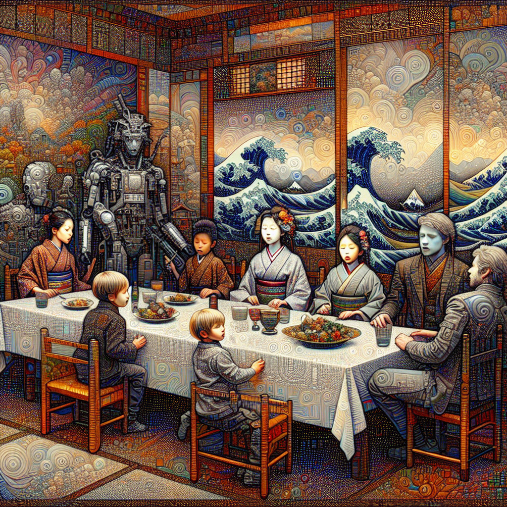 Gathering of People and Robot in Japanese Art Style