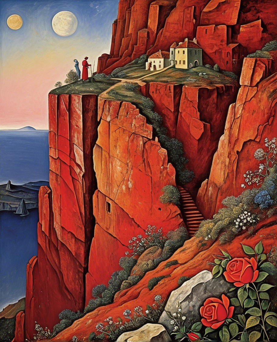 Dramatic Landscape with Red Cliffs and Two Moons