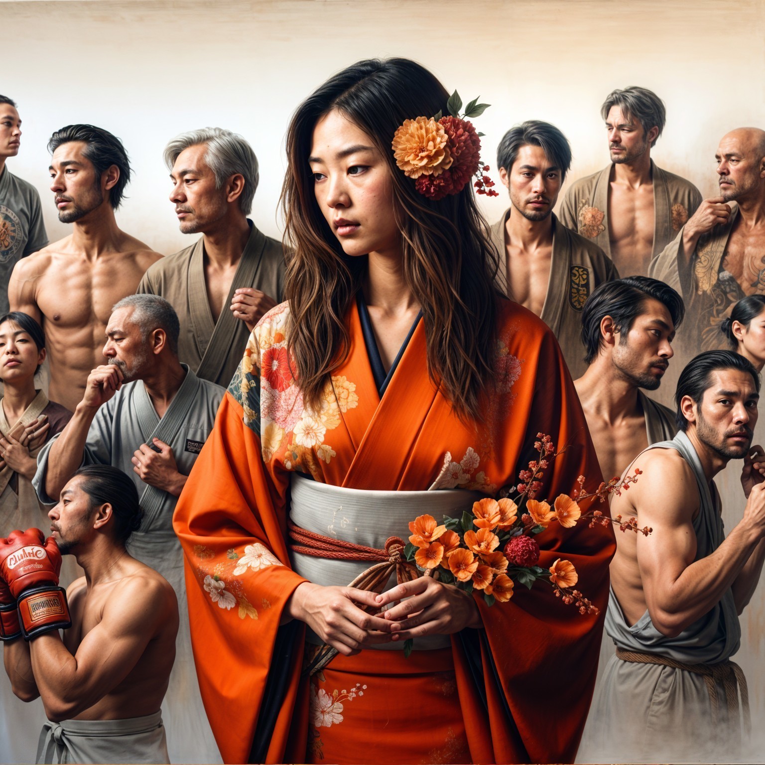 Woman in Orange Kimono Surrounded by Diverse Men