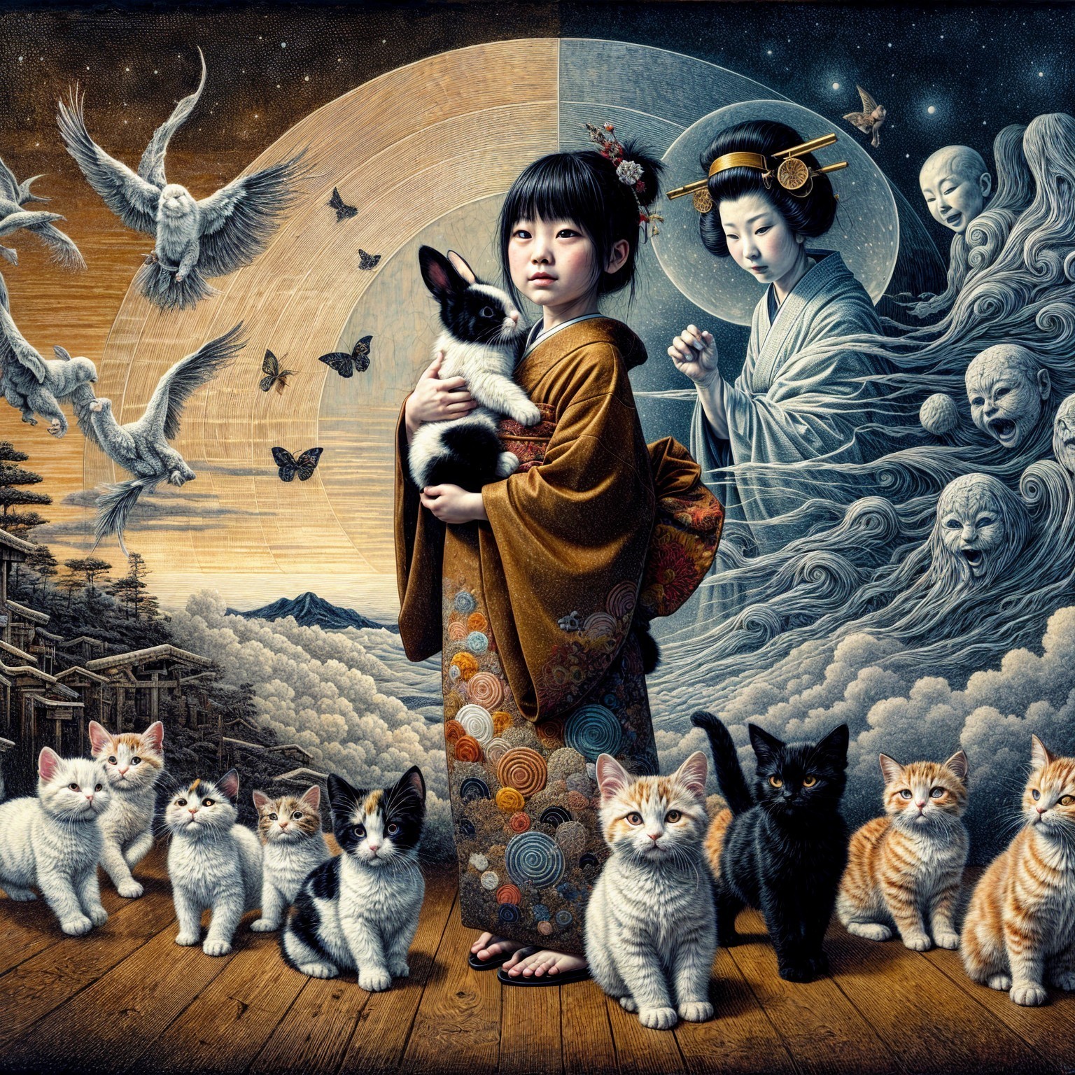 Young Girl in Kimono with Rabbit and Cats in Dreamlike Scene