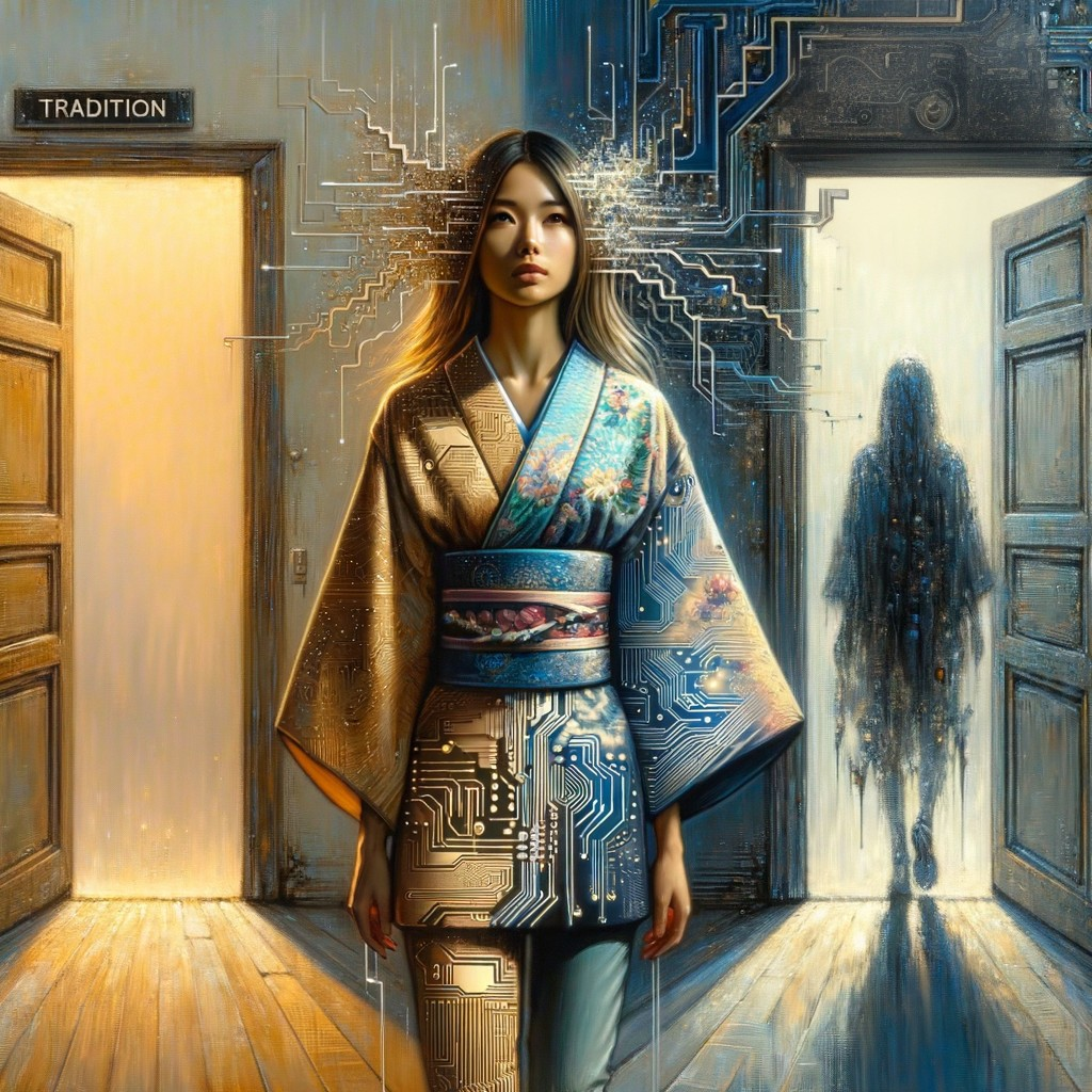 Young Woman at the Threshold of Two Contrasting Rooms