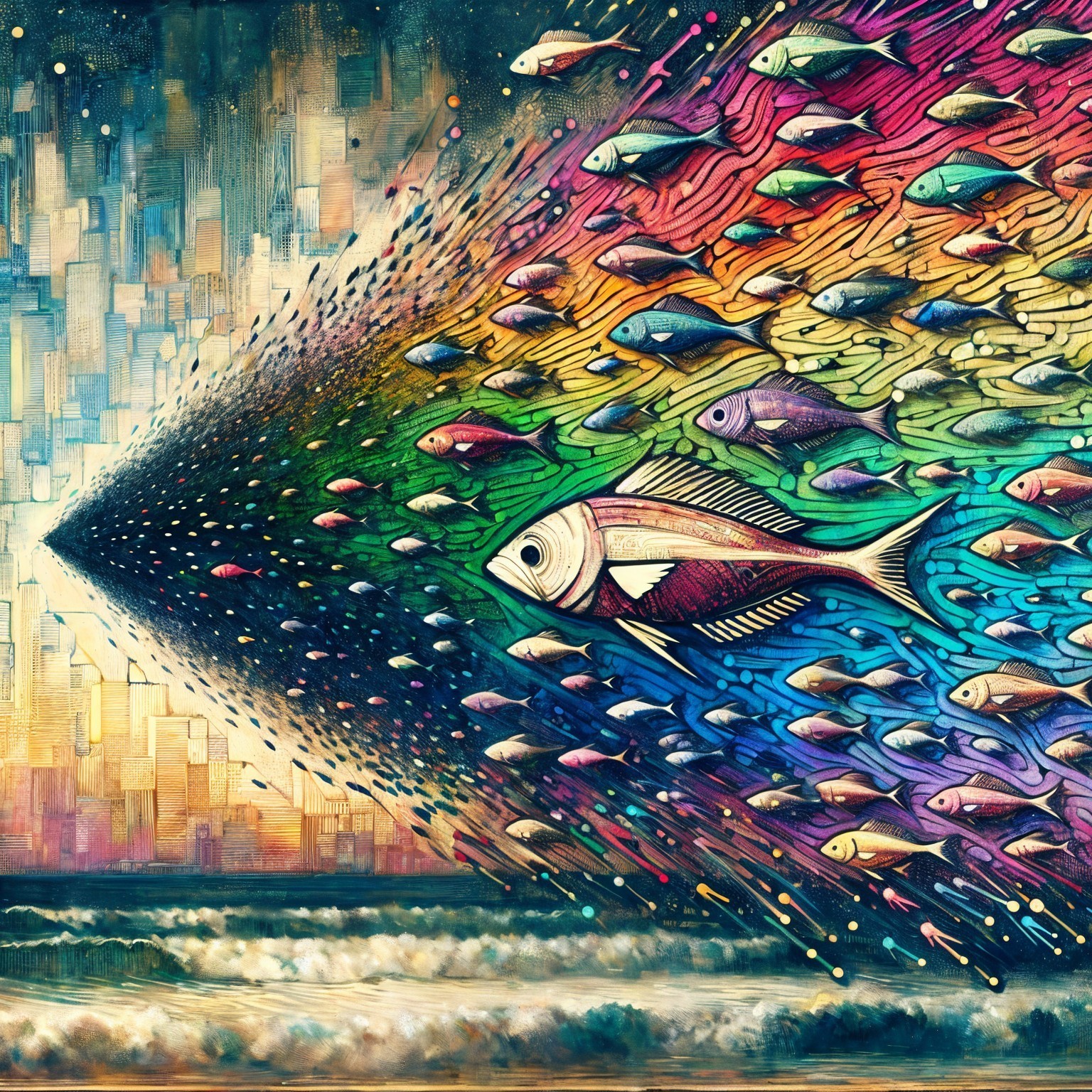Surreal Scene of Colorful Fish in Dynamic Ocean Waves
