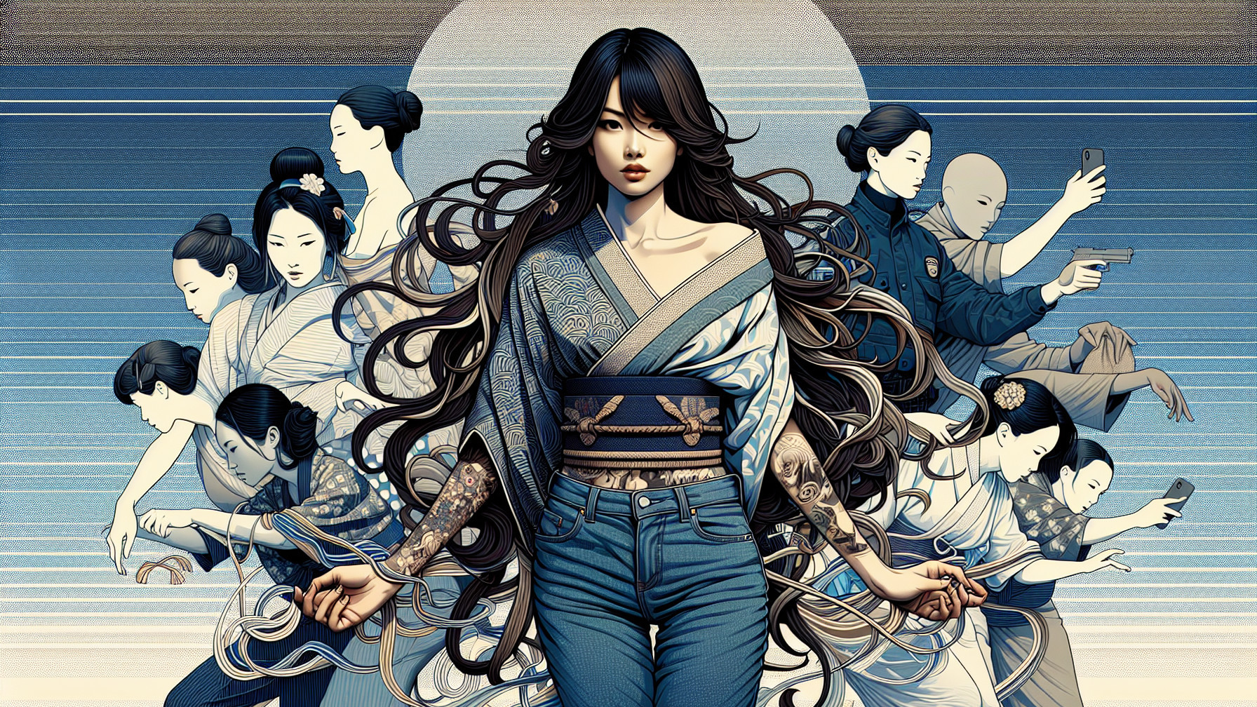 Digital Artwork of Woman Merging Japanese Tradition and Modernity