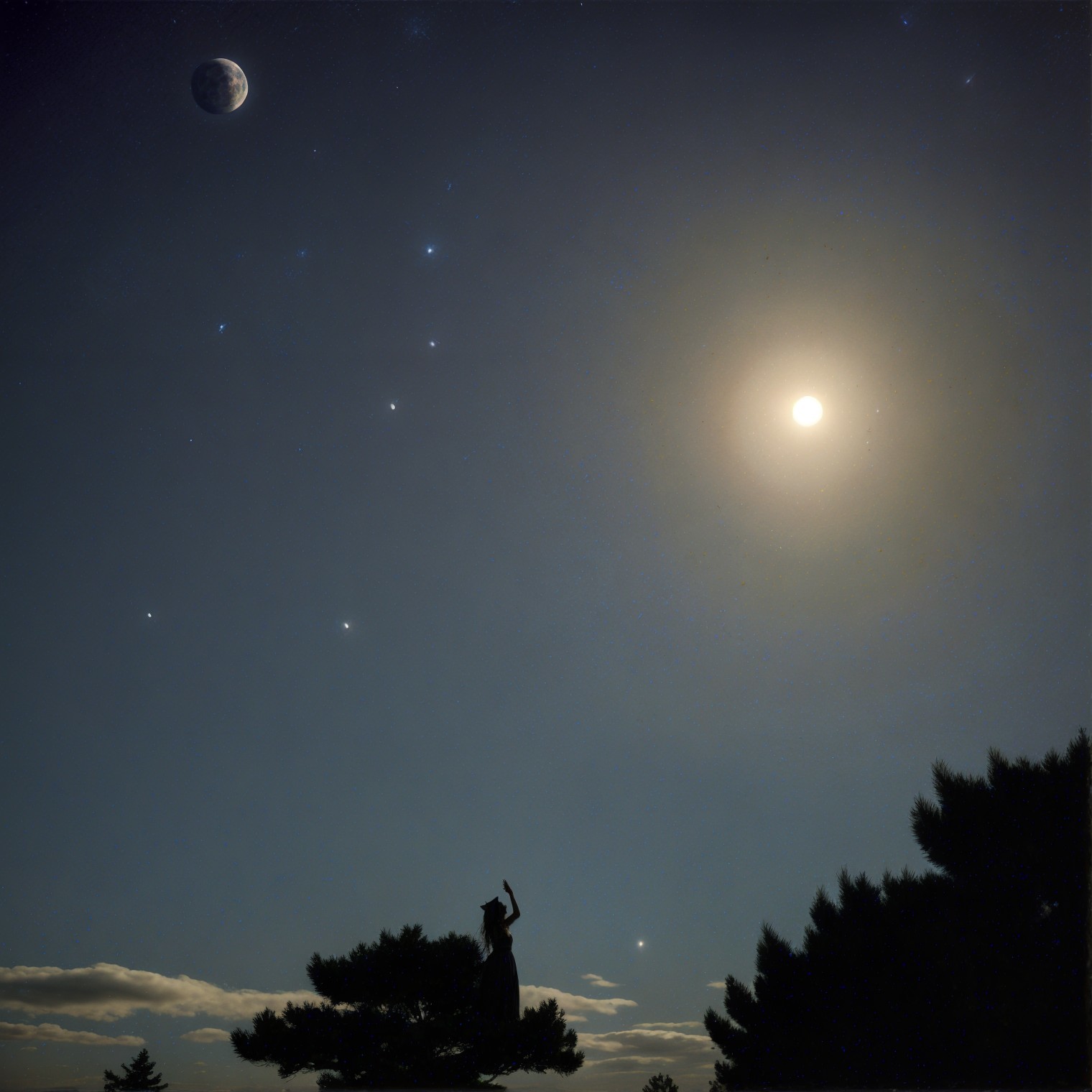 Serene Night Sky with Full and Crescent Moons
