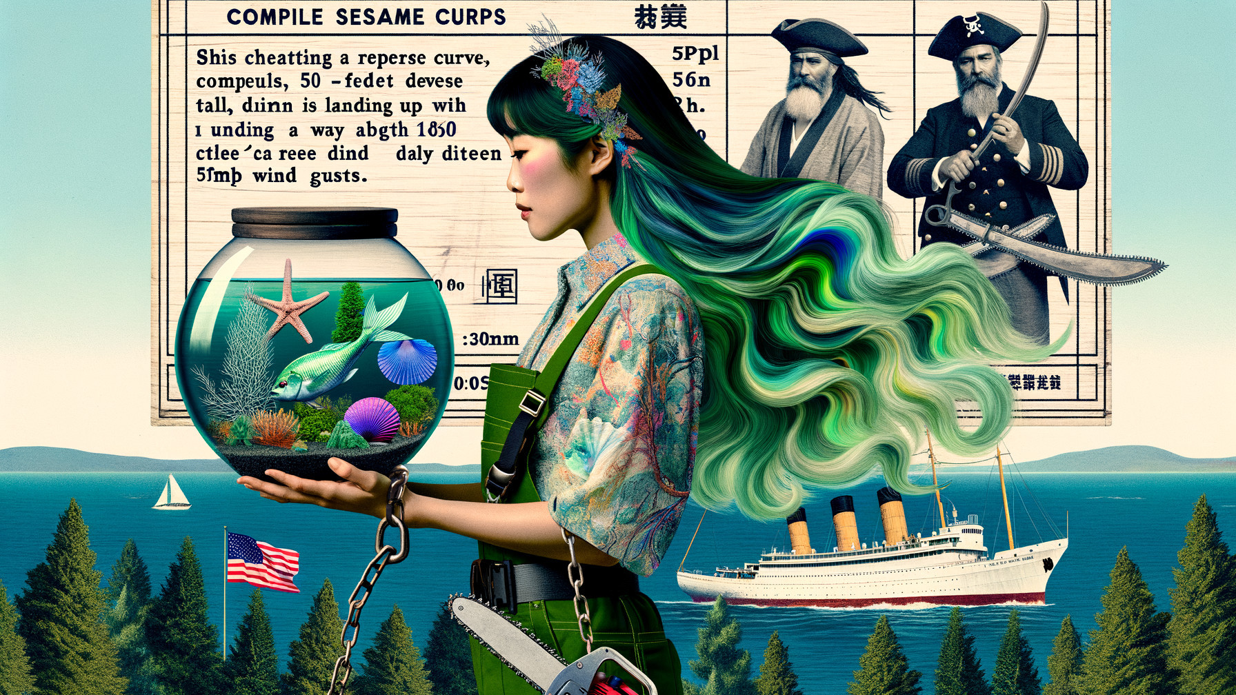 Woman with Green Hair and Colorful Fishbowl in Ocean