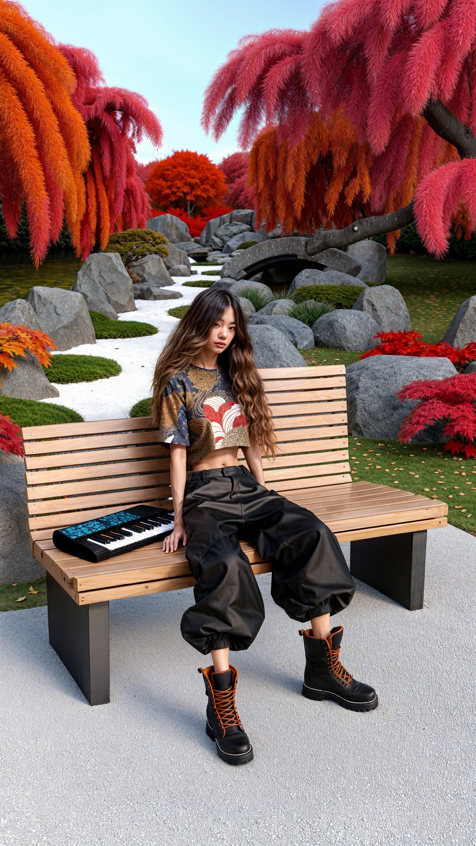Young woman in garden with vibrant foliage and keyboard
