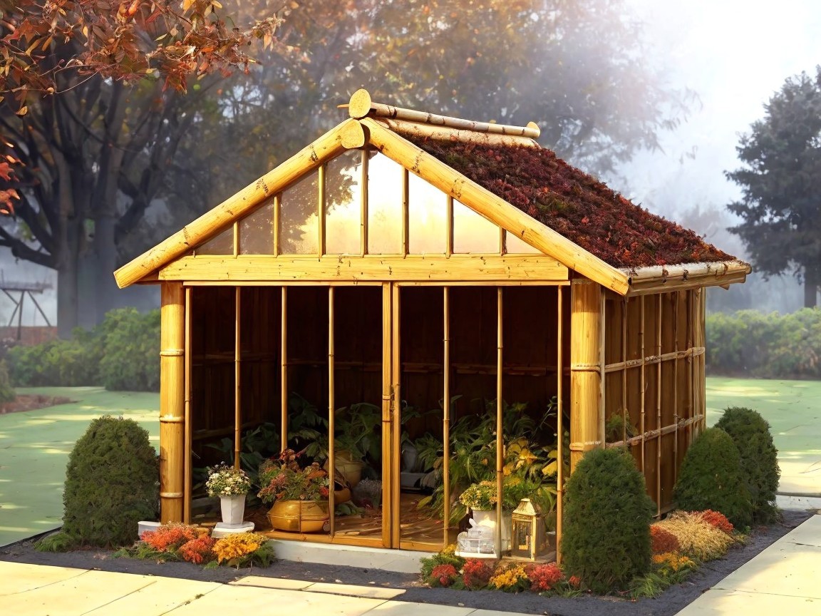 Bamboo Greenhouse with Colorful Foliage and Plants