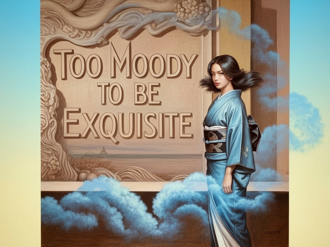 Woman in Blue Kimono Against Whimsical Backdrop