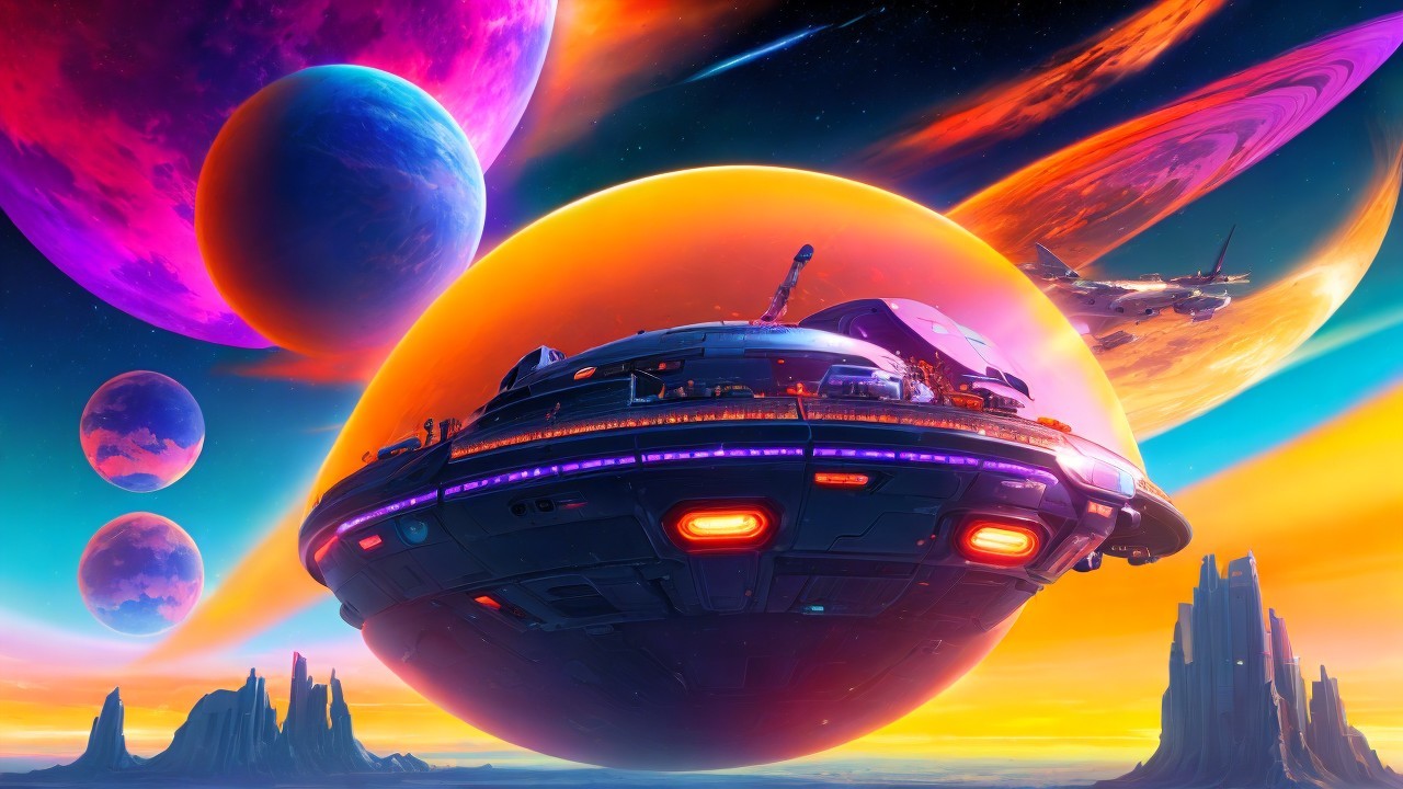 Vibrant Cosmic Scene with Spaceship and Gas Giants