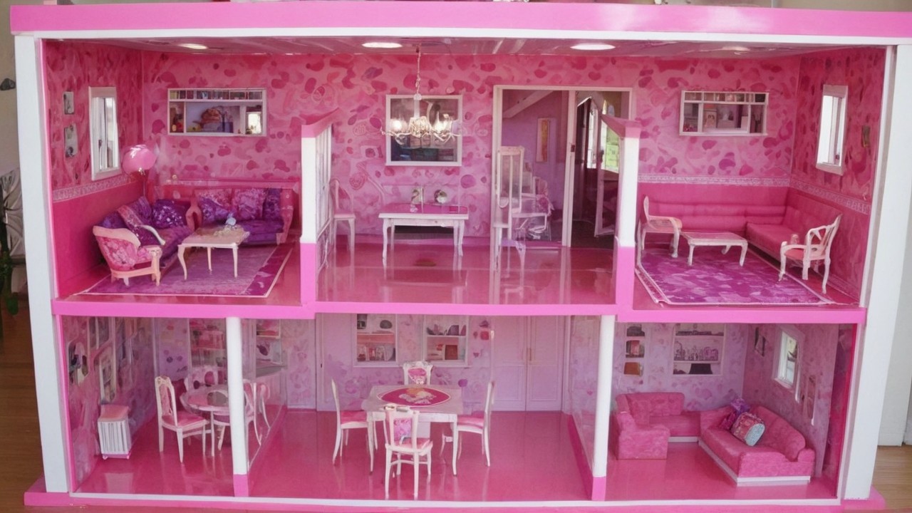 Vibrant Three-Level Pink Dollhouse with Decorated Rooms