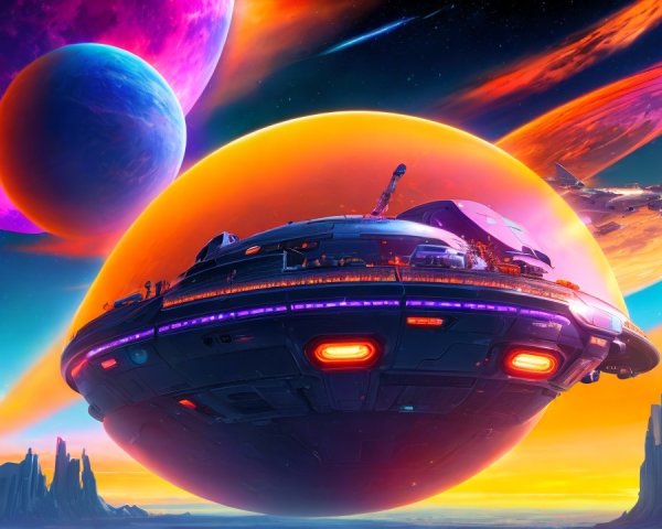 Vibrant Cosmic Scene with Spaceship and Gas Giants