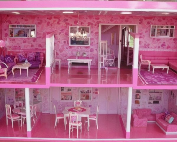 Vibrant Three-Level Pink Dollhouse with Decorated Rooms