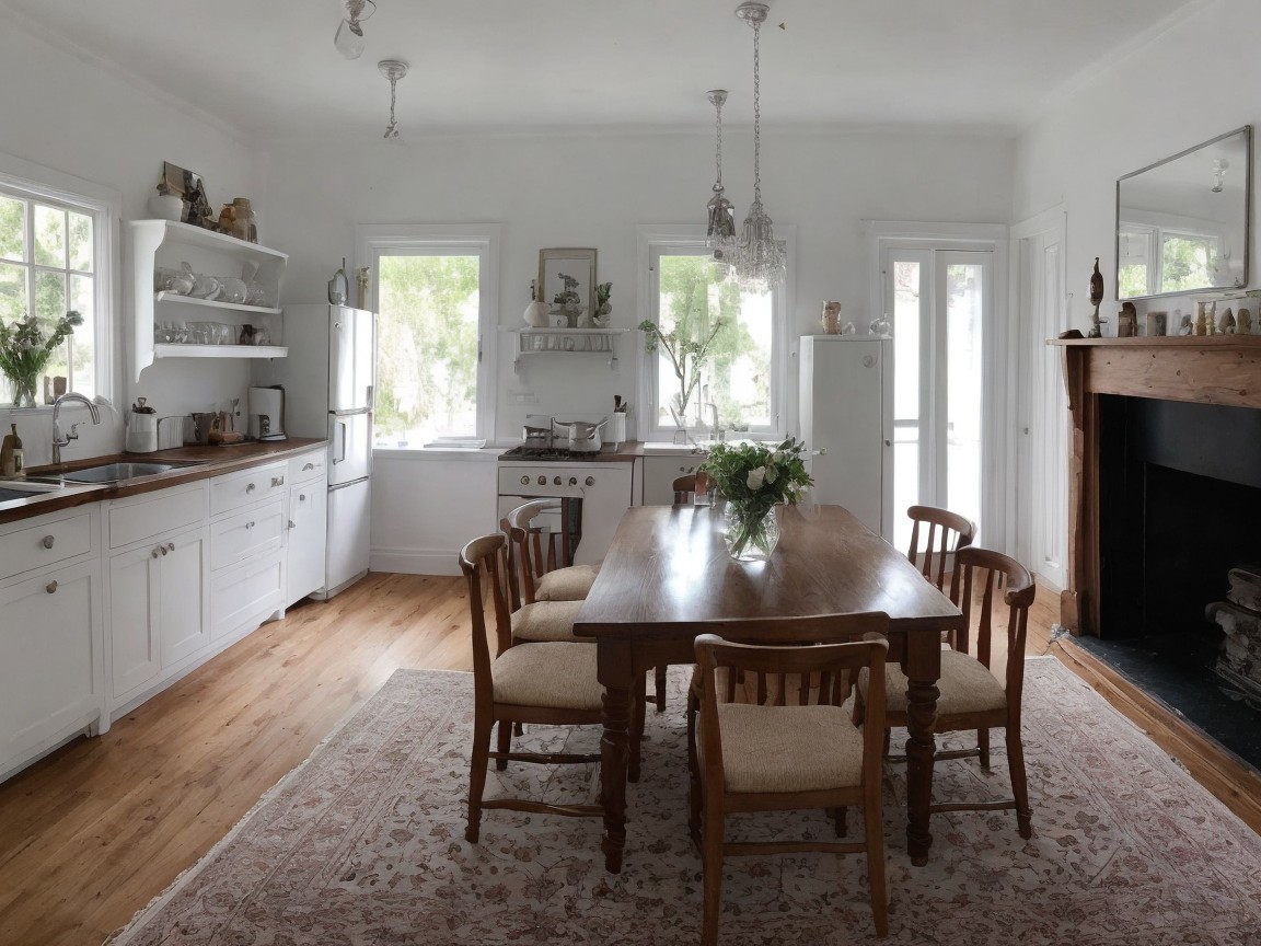 Bright and Airy Kitchen with White Cabinetry and Fireplace