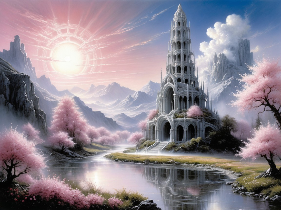 Ethereal Castle in Fantasy Landscape with Cherry Blossoms