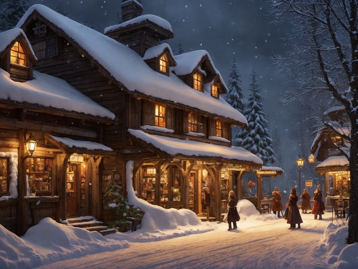 Snowy Village Scene with Warm Rustic Buildings