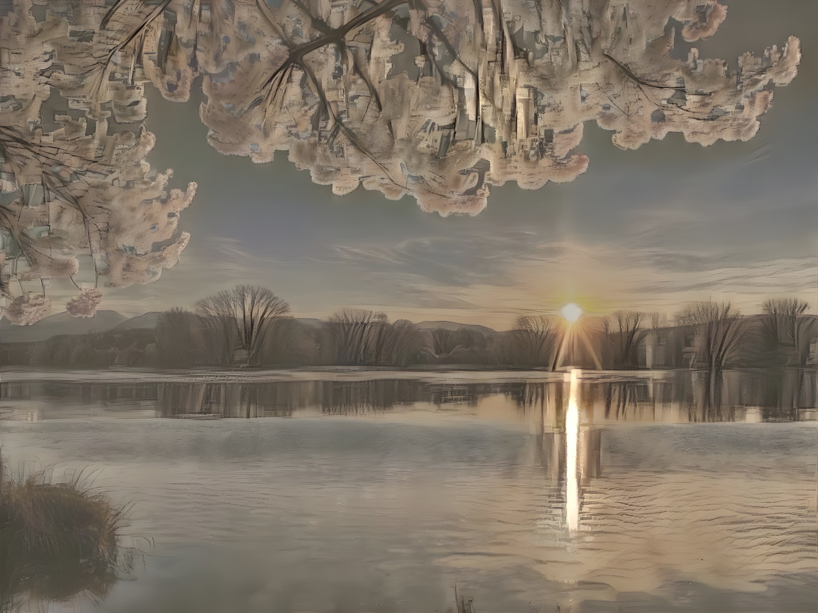 Sunset Reflection Over a Serene Lake with Blossoms